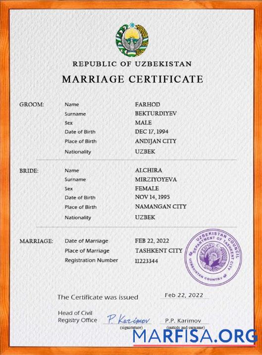 Blank Uzbekistan marriage certificate PSD template